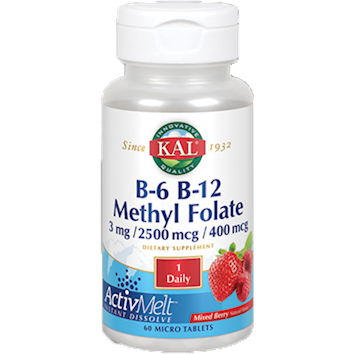 KAL B-6 B-12 Methyl Folate ActivMelt, Mixed Berry, 60 micro tablets, front of bottle