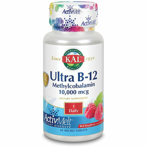 KAL Ultra B-12 Methylcobalamin 10,000 mcg ActivMelt, Raspberry, 30 micro tablets, front of bottle