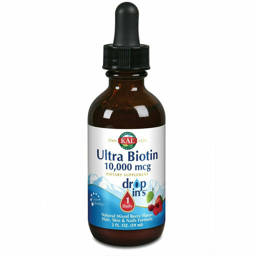 KAL Ultra Biotin 10,000 mcg Drops, Berry, 2 fl oz, front of dropper bottle