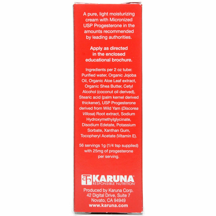 Karuna Progesterone Pure Cream 2 oz ingredients label