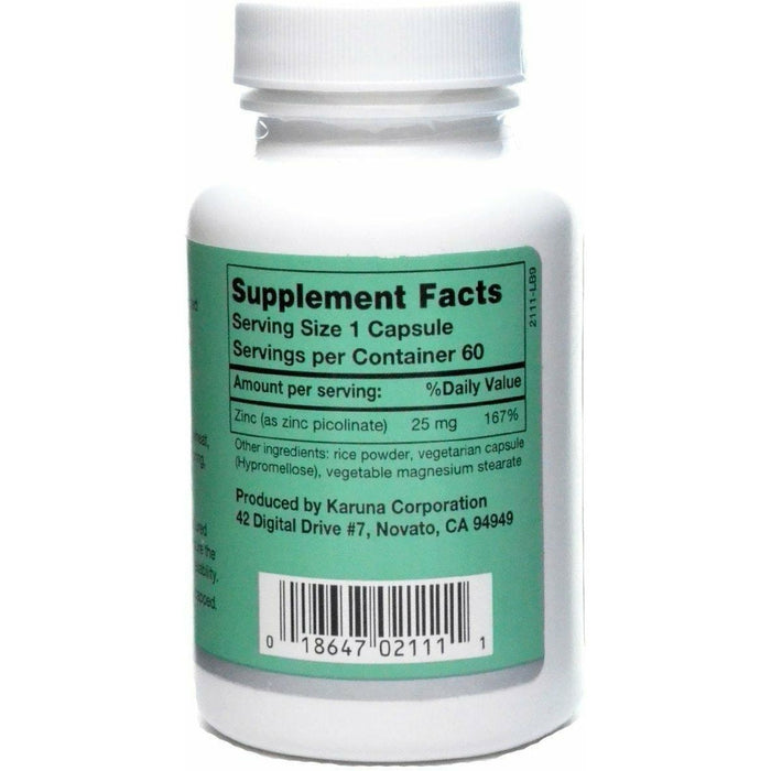 Karuna Zinc Picolinate 25 mg 60 capsules supplement facts label