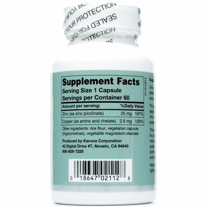 Karuna Zinc Picolinate Plus 60 capsules supplement facts label