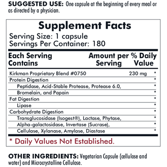 Kirkman Labs EnZym-Complete/DPP-IV II with Isogest 180 veg capsules supplement facts label