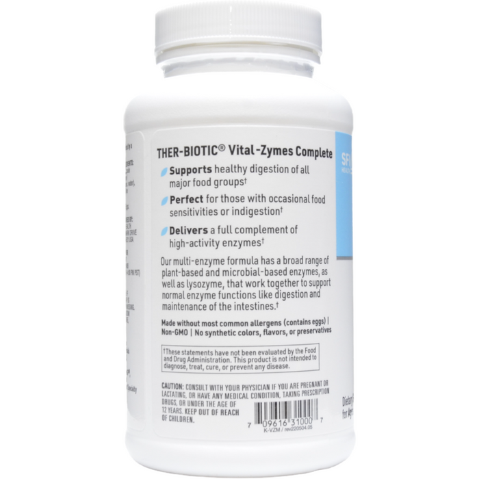 Klaire Labs/SFI Health Ther-Biotic Vital-Zymes Complete 120 capsules label information panel