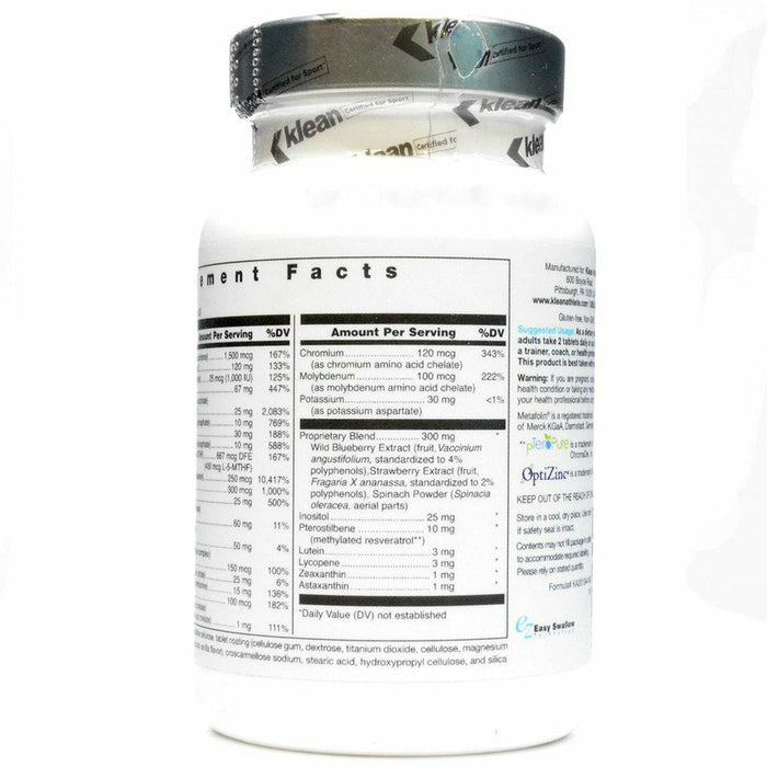 Klean Athlete Klean Multivitamin 60 tablets supplement facts label, part 2
