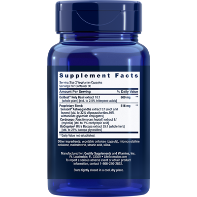 Life Extension Adrenal Energy Formula 60 vegetarian capsules supplement facts label