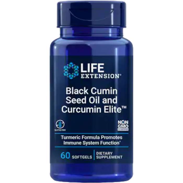 Life Extension Black Cumin Seed Oil and Curcumin Elite, 60 softgels, front of bottle