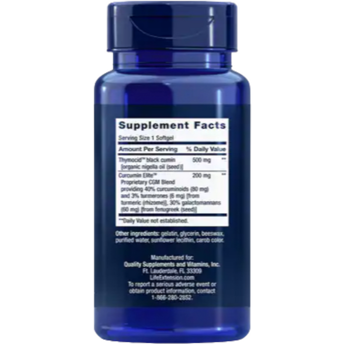 Life Extension Black Cumin Seed Oil and Curcumin Elite 60 softgels supplement facts label