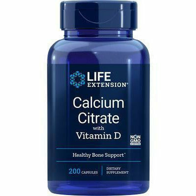 Life Extension Calcium Citrate with Vitamin D, 200 vegetarian capsules, front of bottle