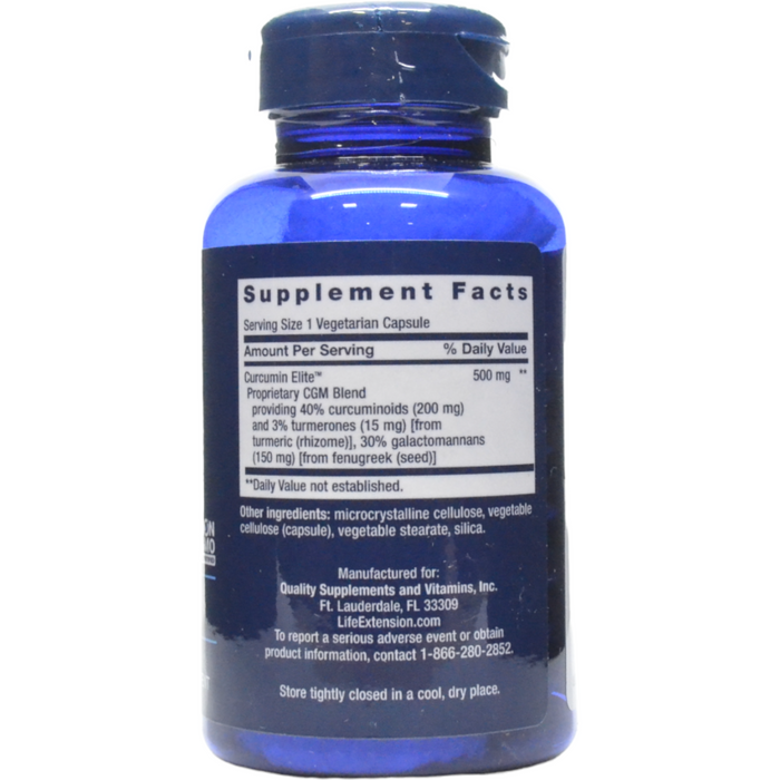 Life Extension Curcumin Elite 400 mg 60 vegetarian capsules supplement facts label