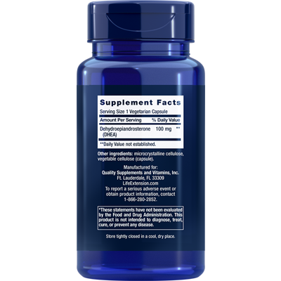 Life Extension DHEA 100 mg 60 vegetarian capsules supplement facts label