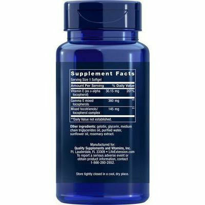 Life Extension Gamma E Mixed Tocopherols and Tocotrienols 60 softgels supplement facts label