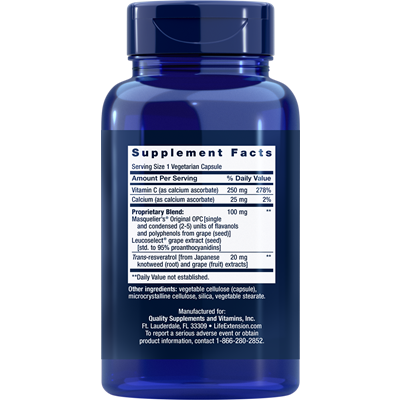 Life Extension Grapeseed Extract 100 mg 60 vegetarian capsules supplement facts label