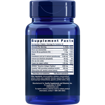 Life Extension Hair, Skin and Nails Collagen Plus Formula 120 tablets supplement facts label