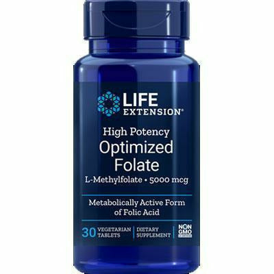 Life Extension High Potency Optimized Folate 5000 mcg, 30 tablets, front of bottle