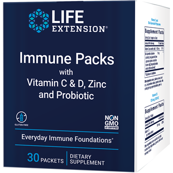 Life Extension Immune Packs with Vitamin C and D, Zinc and Probiotic, 30 packets, front of box