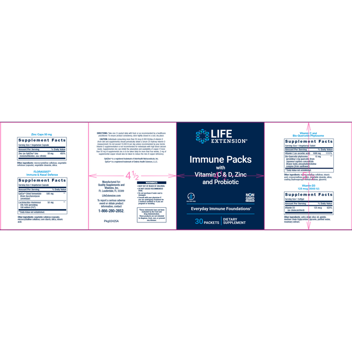 Life Extension Immune Packs with Vitamin C and D, Zinc and Probiotic 30 packets full label
