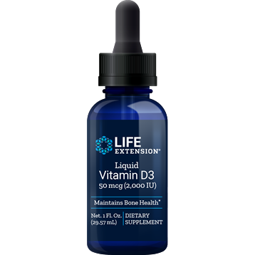 Life Extension Liquid Vitamin D3 50 mcg 2000 IU Unflavored, 1 fl oz, front of bottle