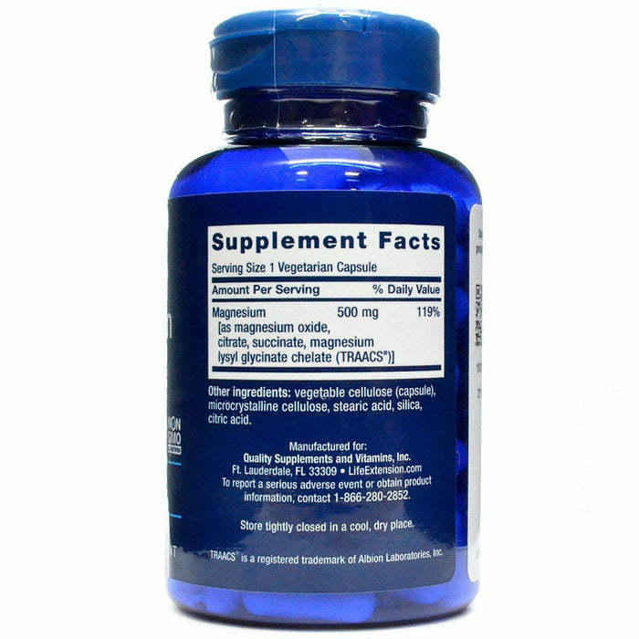 Life Extension Magnesium 500 mg 100 vegetarian capsules supplement facts label