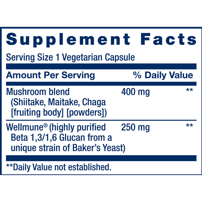 Life Extension Mushroom Immune with BetaGlucans 30 capsules supplement facts label