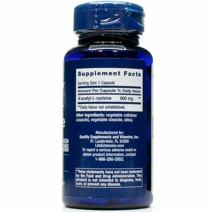Life Extension N-Acetyl-L-Cysteine 600 mg 60 vegetarian capsules supplement facts label