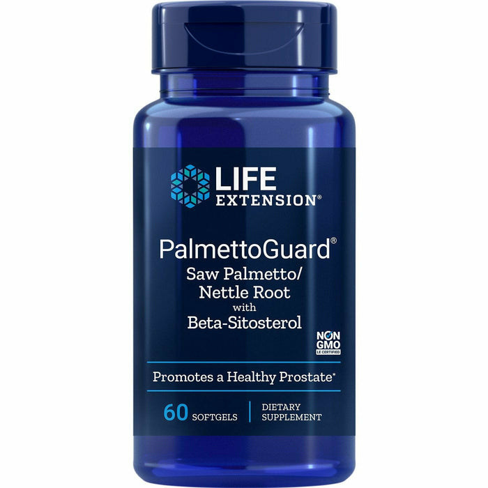 Life Extension PalmettoGuard Saw Palmetto Nettle Root Formula with Beta-Sitosterol, 60 softgels, front of bottle