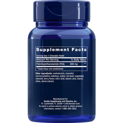 Life Extension PEA Discomfort Relief 600 mg 60 chewable tablets supplement facts label