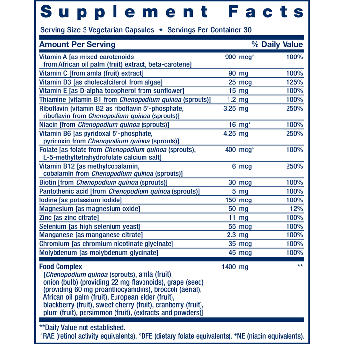 Life Extension Plant-Based Multivitamin 90 capsules supplement facts label
