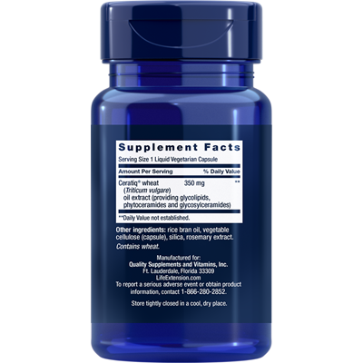 Life Extension Skin Restoring Ceramides 30 liquid vegetarian capsules supplement facts label