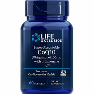 Life Extension Super-Absorbable CoQ10 with d-Limonene 100 mg, 60 softgels, front of bottle