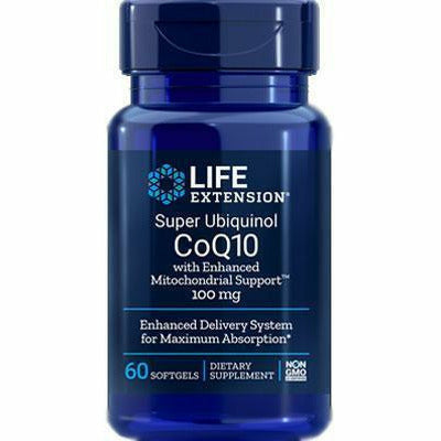 Life Extension Super Ubiquinol CoQ10 with Enhanced Mitochondrial Support 100 mg, 60 softgels, front of bottle