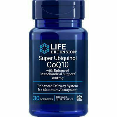 Life Extension Super Ubiquinol CoQ10 with Enhanced Mitochondrial Support 200 mg, 30 softgels, front of bottle