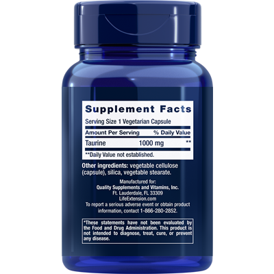 Life Extension Taurine 1000 mg 90 vegetarian capsules supplement facts label