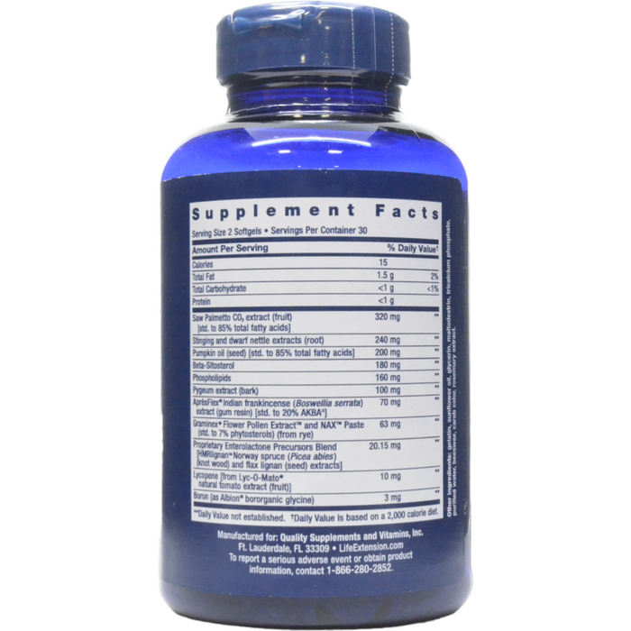 Life Extension Ultra Prostate Formula 60 softgels supplement facts label