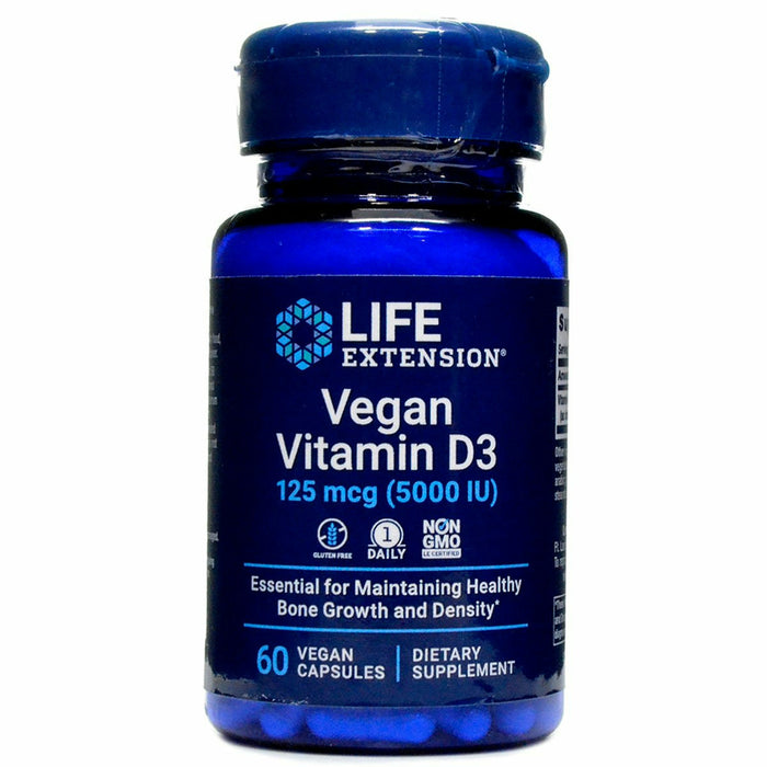 Life Extension Vegan Vitamin D3 125 mcg, 60 capsules, front of bottle