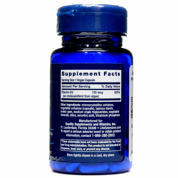 Life Extension Vegan Vitamin D3 125 mcg 60 capsules supplement facts label