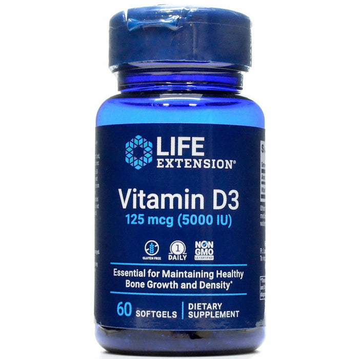 Life Extension Vitamin D3 5000 IU, 60 softgels, front of bottle