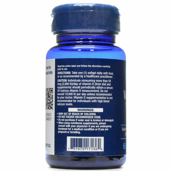 Life Extension Vitamin D3 5000 IU 60 softgels label information panel