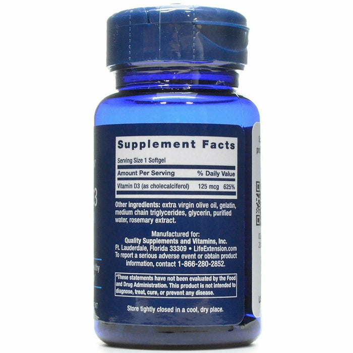 Life Extension Vitamin D3 5000 IU 60 softgels supplement facts label