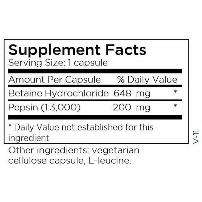 Metabolic Maintenance Betaine HCl with Pepsin 100 capsules supplement facts label