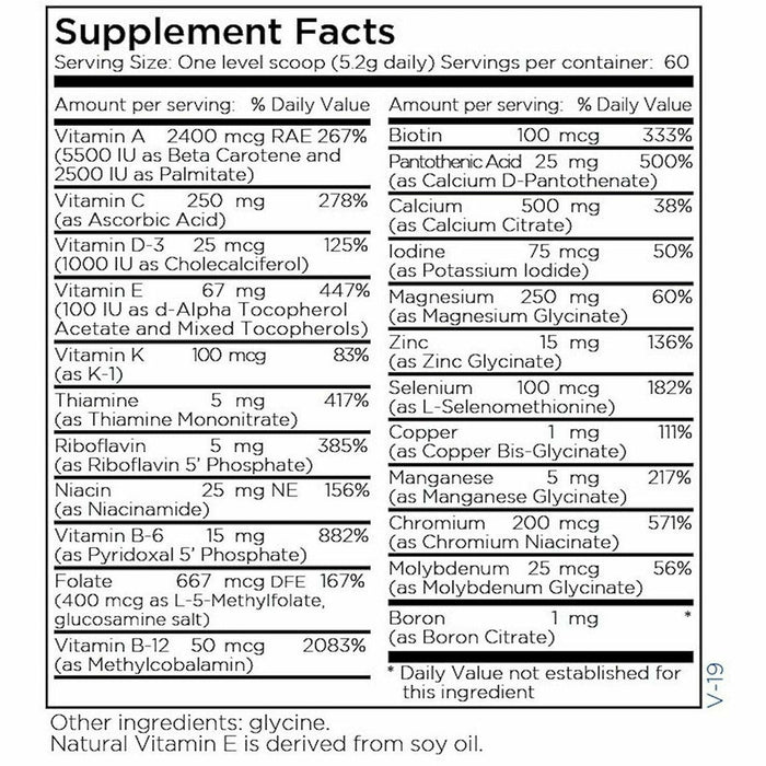 Metabolic Maintenance Vitamin/Mineral Base Powder 312 g supplement facts label