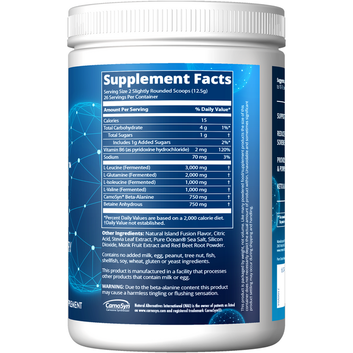 Metabolic Response Modifier BCAA+G Reload, Island Fusion 330 g supplement facts label