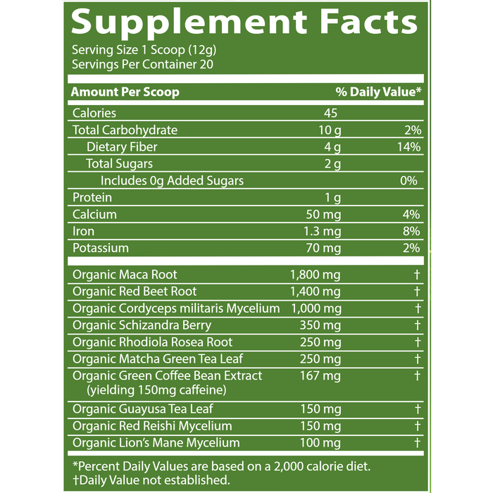 Metabolic Response Modifier Organic Pre-Workout 240 g supplement facts label