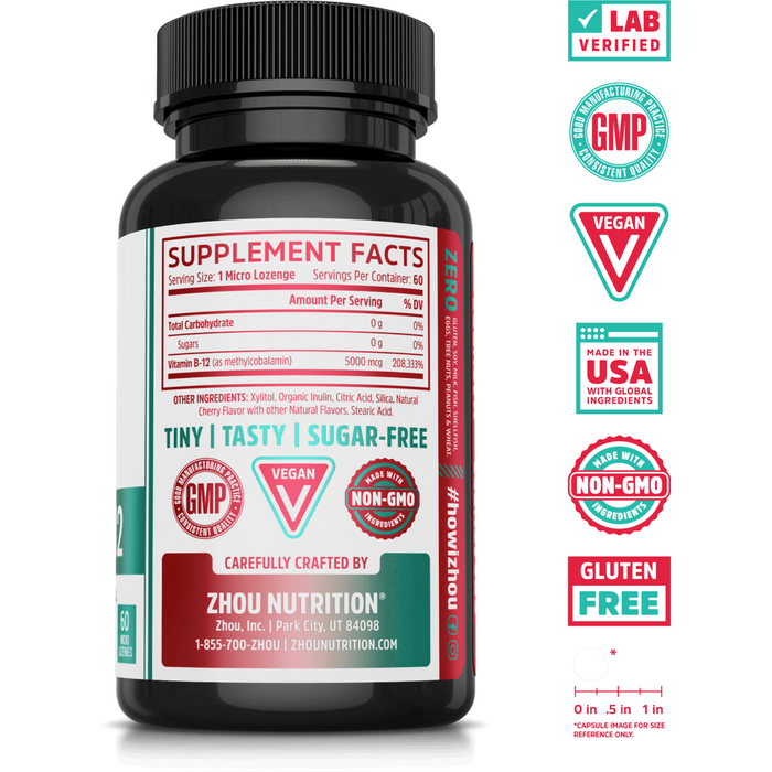 Supplement Facts, ZHOU Nutrition, Methyl B12 5000 Cherry 60 Loz