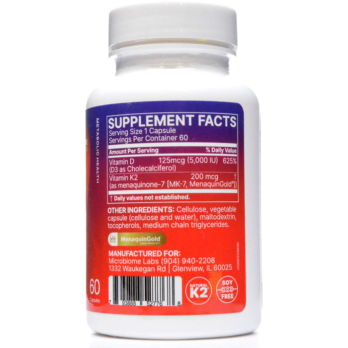 Microbiome Labs MegaQuin K2+D3 60 capsules supplement facts label