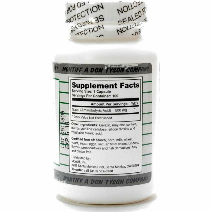 Montiff Pure GABA 500 mg 100 capsules supplement facts label