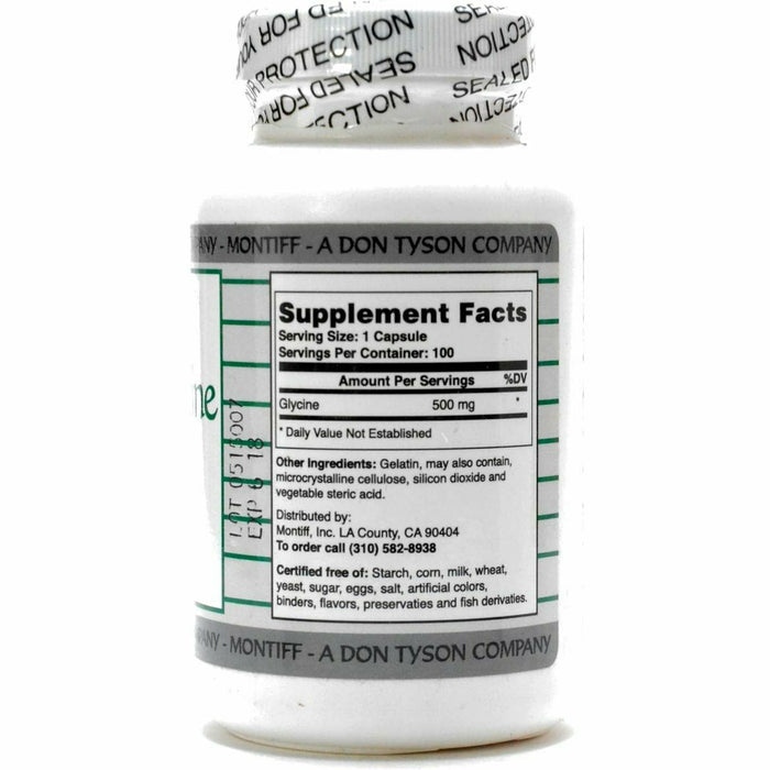 Montiff Pure Glycine 500 mg 100 capsules supplement facts label