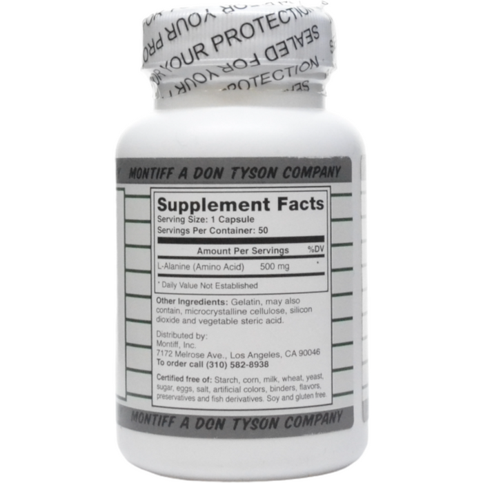 Montiff Pure L-Alanine 500 mg 50 capsules supplement facts label