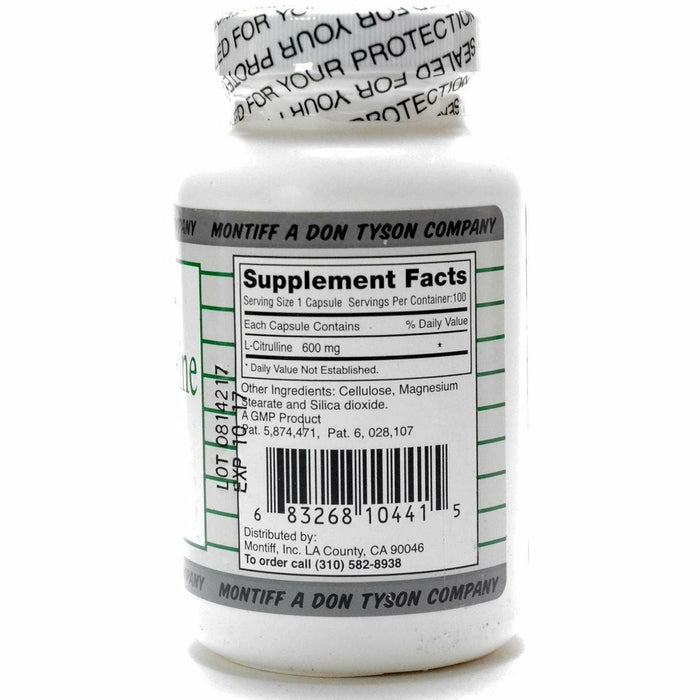 Montiff Pure L-Citrulline 600 mg 100 capsules supplement facts label