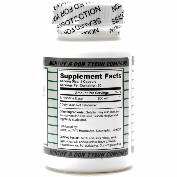 Montiff Pure L-Histidine 600 mg 50 capsules supplement facts label